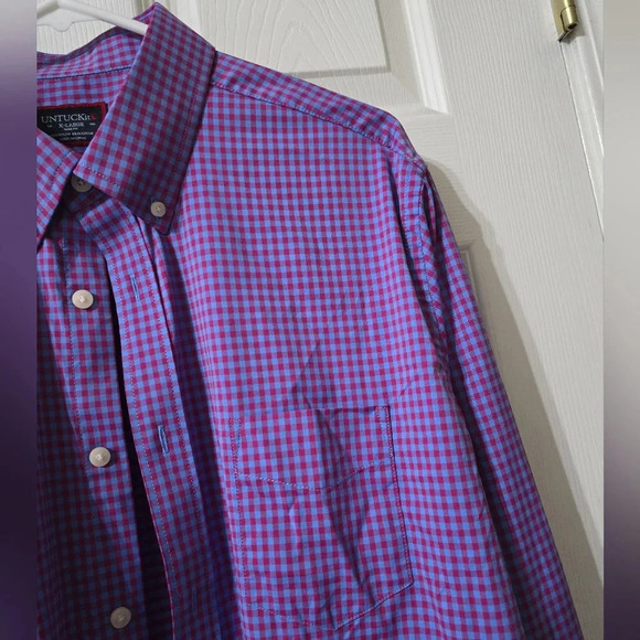 UNTUCKit Wrinkle-Free Performance Albarei Button Down Shirt, Red/Blue Check, EUC - Picture 5 of 10
